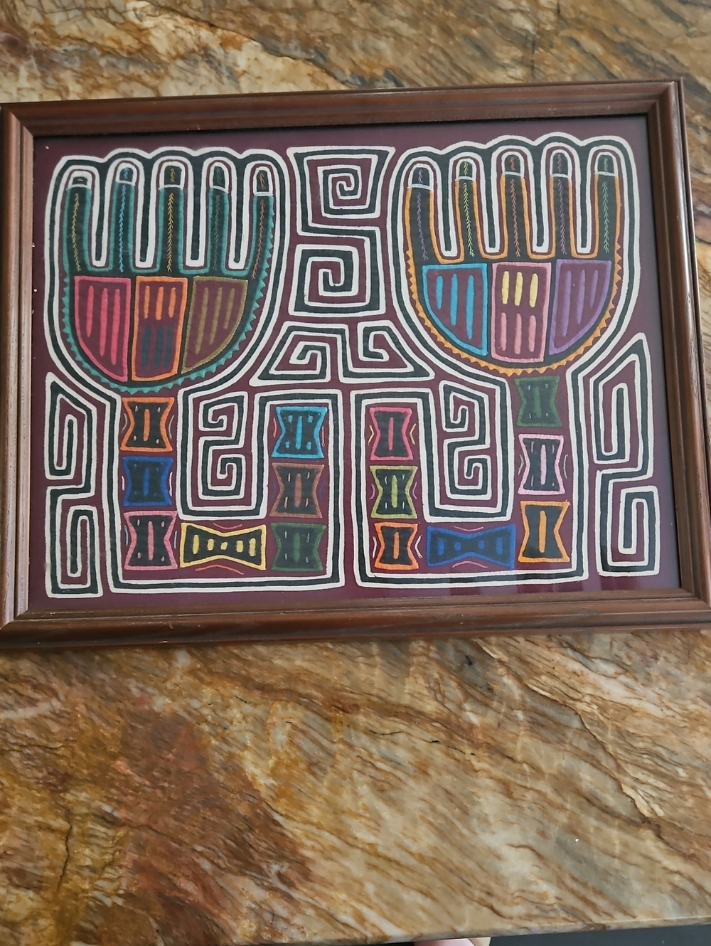Panamanian Guna Mola textile panel, handmade, Framed, Art Wall Hanging